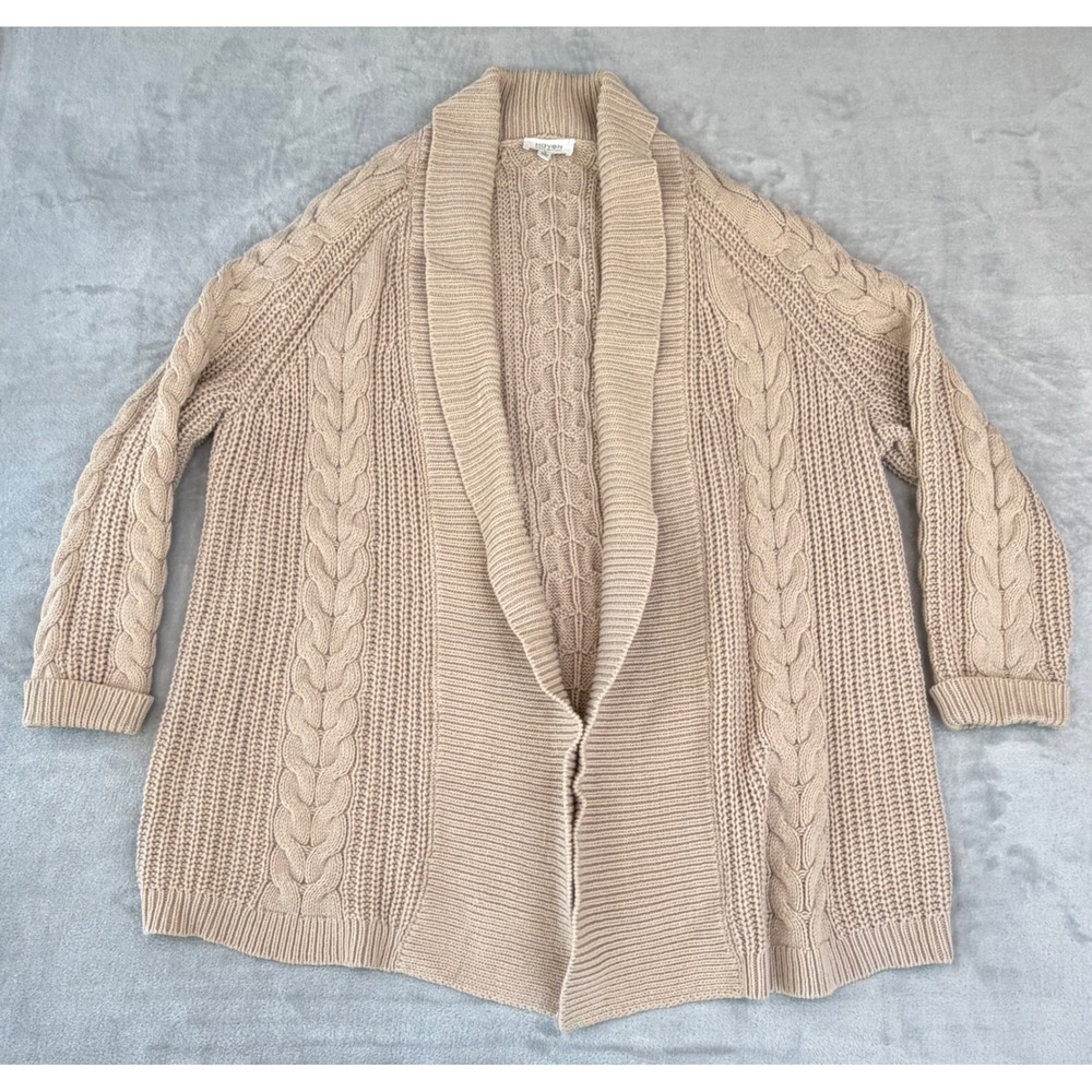 Haven Womens Cardigan Sweater Cable Knit Shawl Collar Open Front XL Tan Cozy